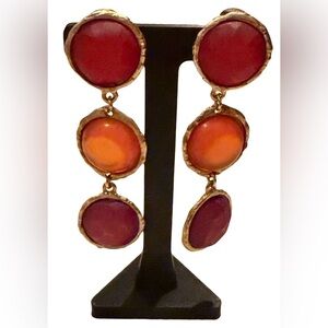 Elegant Vintage Gold Orange and Red Dangle Clip On Earrings